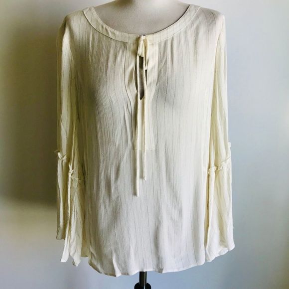NWOT Ellen Tracy Stripe Cream Bell Sleeve Top Blouse Large - Picture 5 of 8